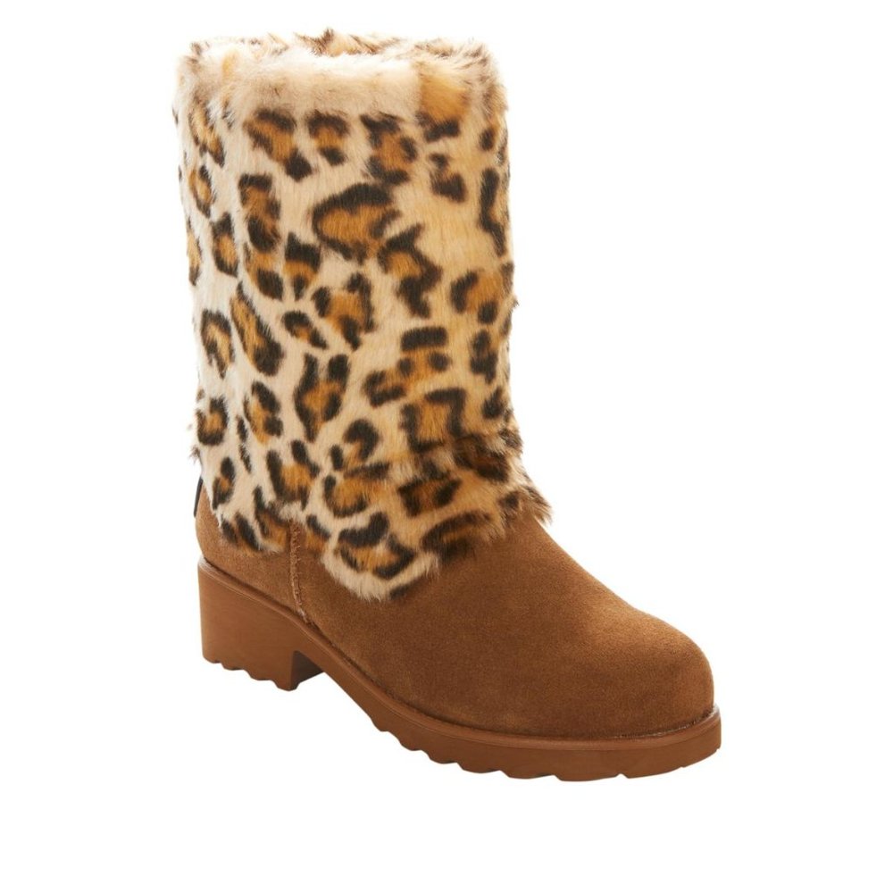 New BEARPAW Regina Suede Water- and Stain-Repellent Boot Faux Fur Leopard Size 7